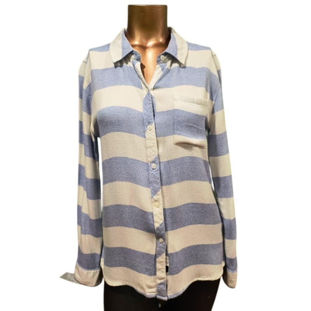 Rails Long‎ Sleeve Button Down Shirt with Back Inverted Pleat, Blue/Cream, Sz XS